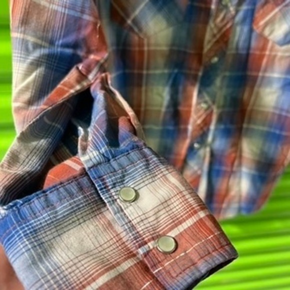 Rustler Wrangler Mens Plaid Western Pearl Snap Shirt Blue Orange Metallic Medium - Picture 4 of 13